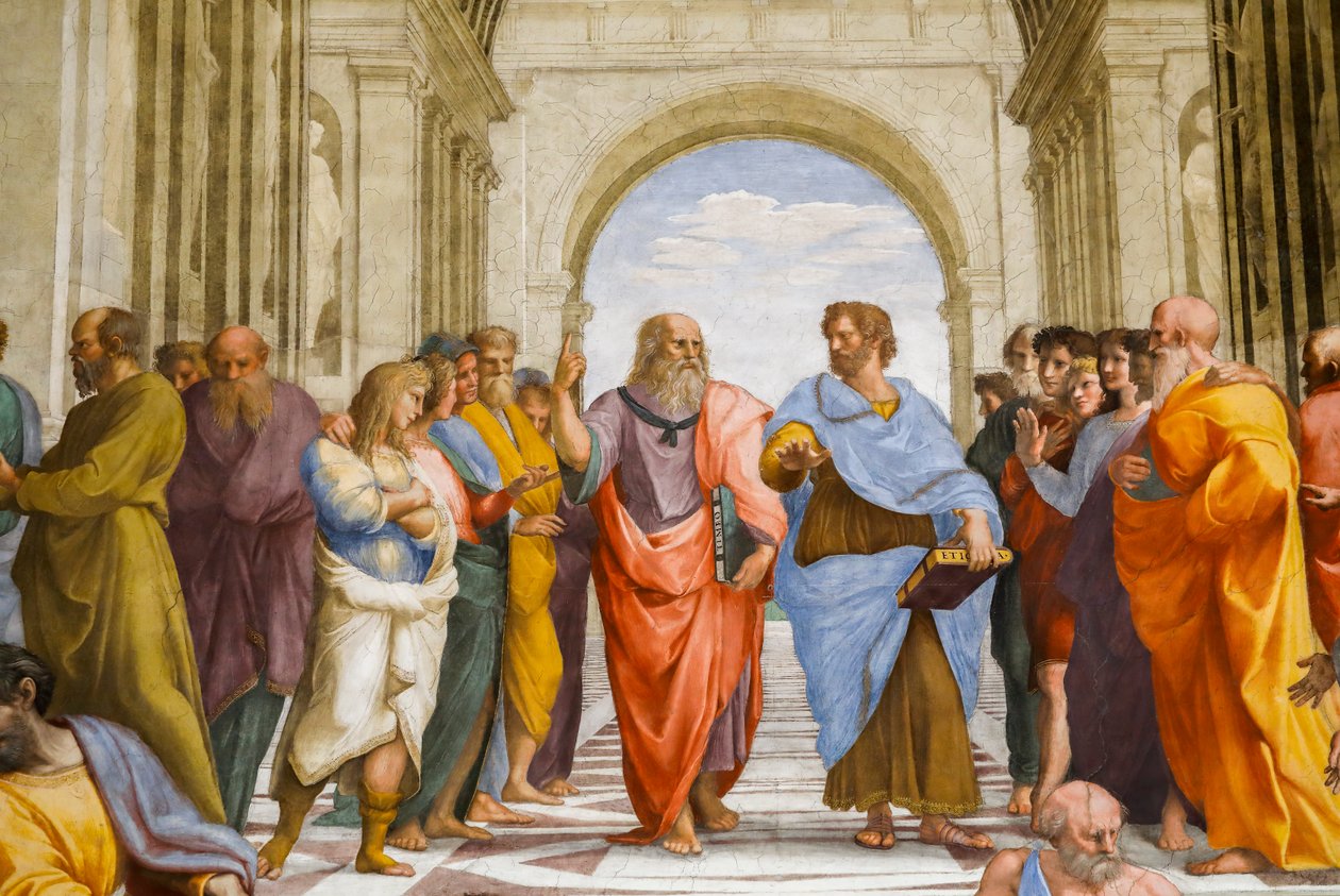 La Escuela de Atenas en donde vemos a Platon y Aristoteles senialando uno al cielo y otro a la tierra — Rafael