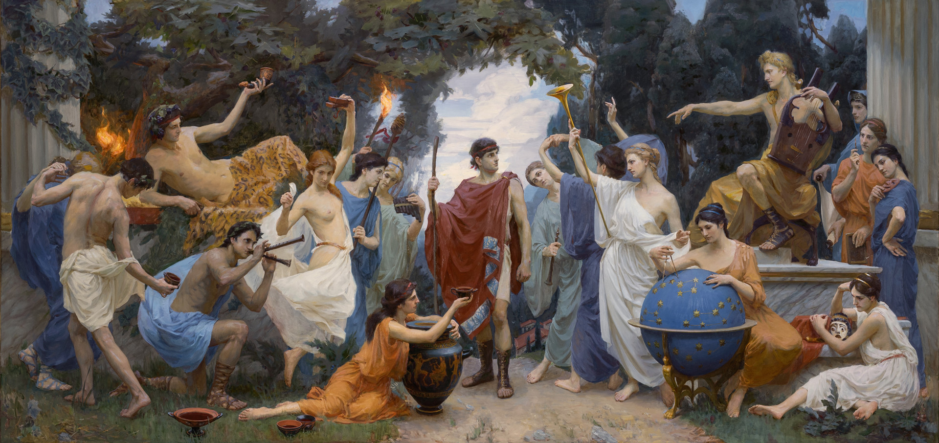 Pintura de Leonid Ilyukhin: un protagonista en el centro, seducido a la derecha por el orden apolíneo y a la izquierda por el caos dionisíaco entre cuerpos y fuego